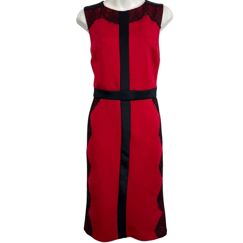 New York & Company Stretch Red & Black Lace Sheath Knee Length Dress sz Small